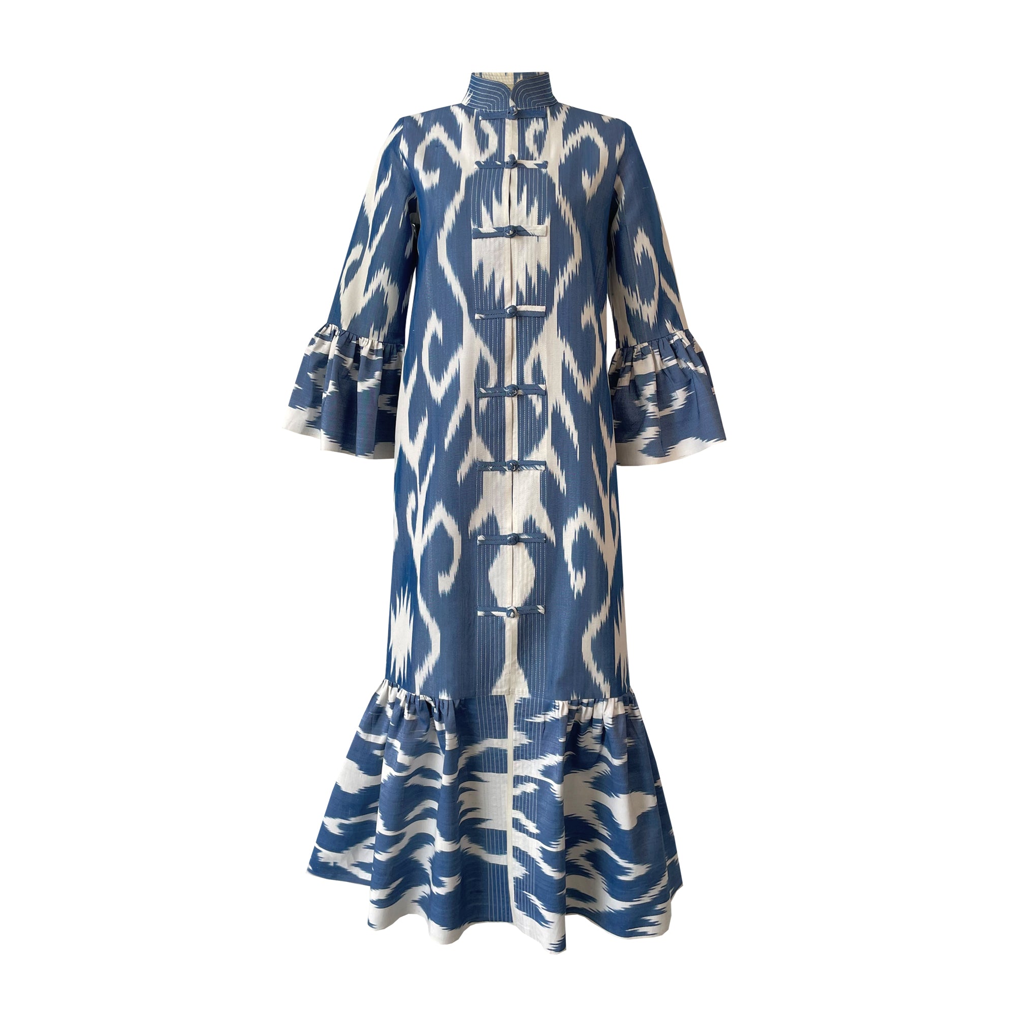 blue dragon print dress Blue Dragon Cloud Print Short Sleeve Long Dress remulia